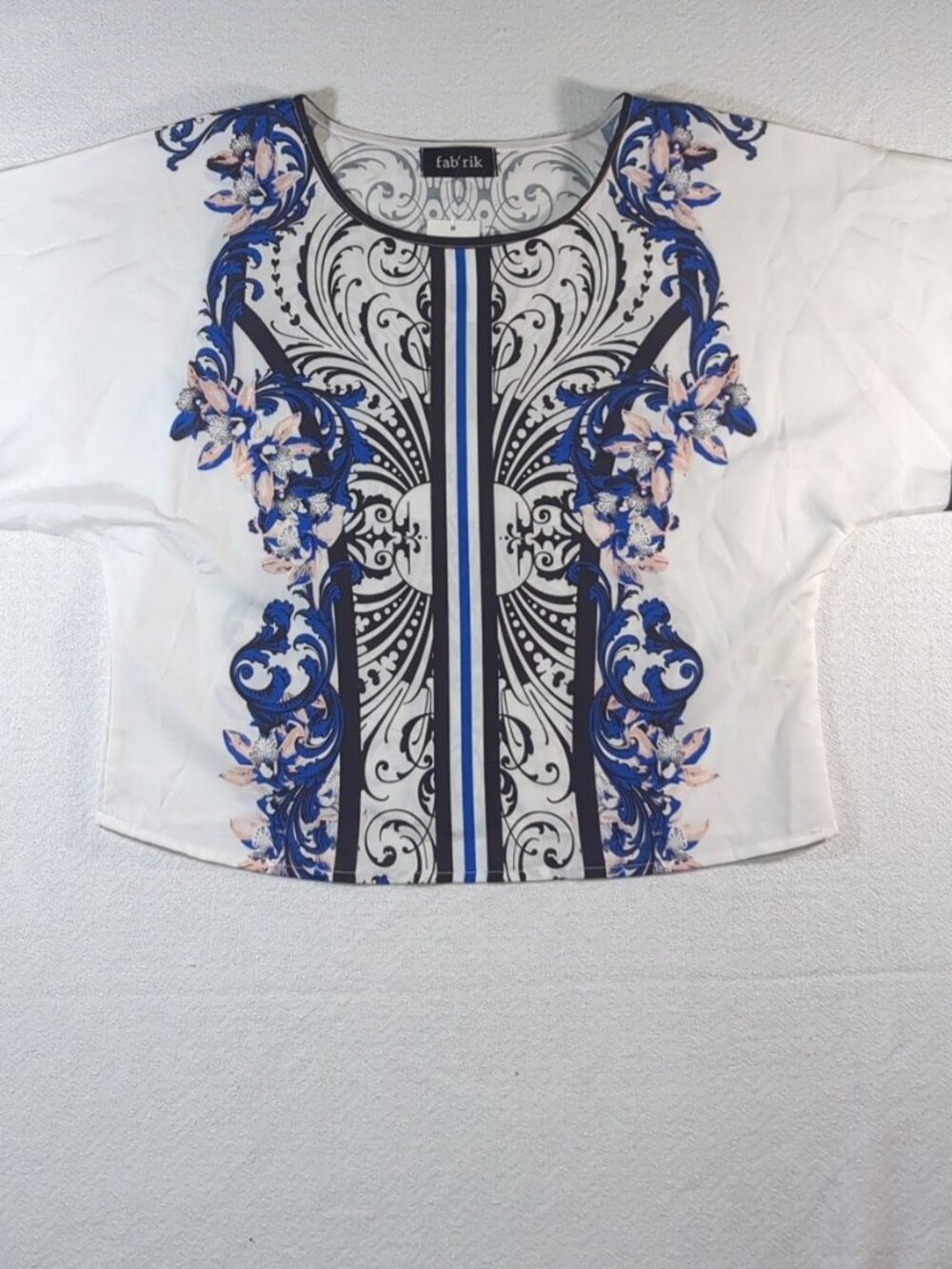 NWT Fab'rik Baroque Scarf Print Floral Top Blouse Blue White - Size Medium